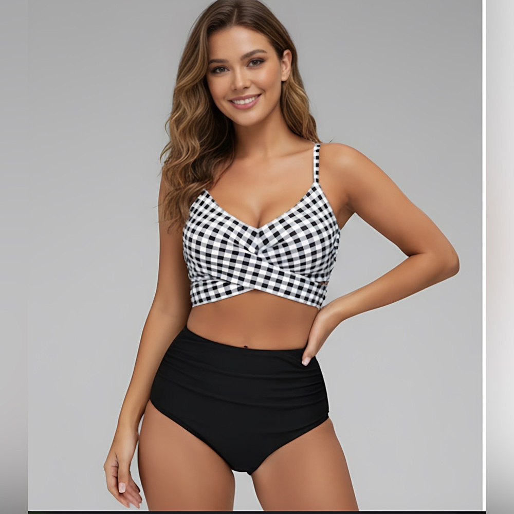 Gingham Ruched High Waisted Bikini Swimsuit